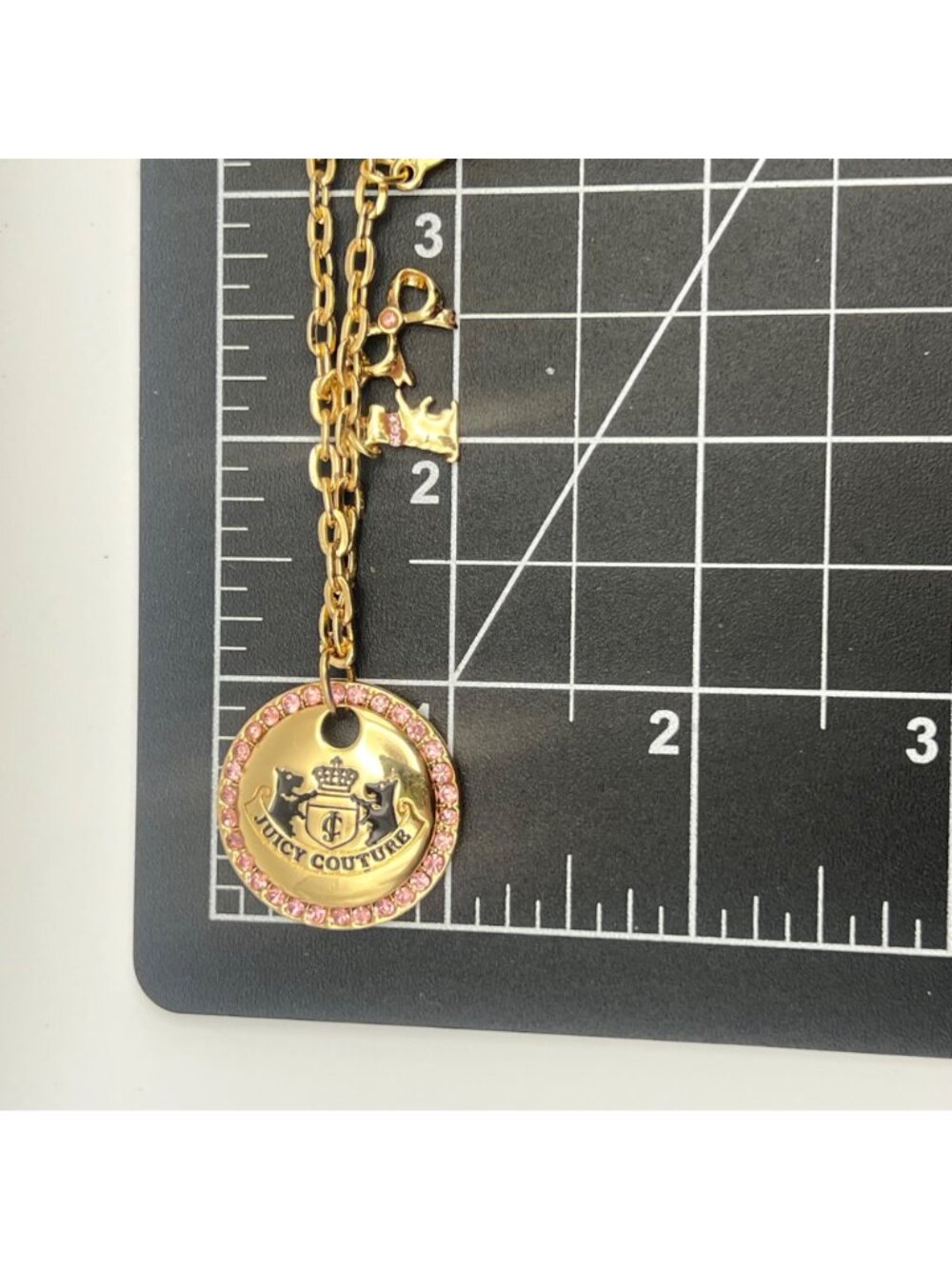 Juicy Couture Charm Necklace Gold-Tone Pink Rhinestone Scottie Cherry Bow Crown - Picture 10 of 10